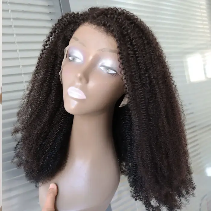 4C Afro crépus bouclés vierge Remy cheveux humains dentelle frontale fermeture perruque # 1 perruques de style noir de