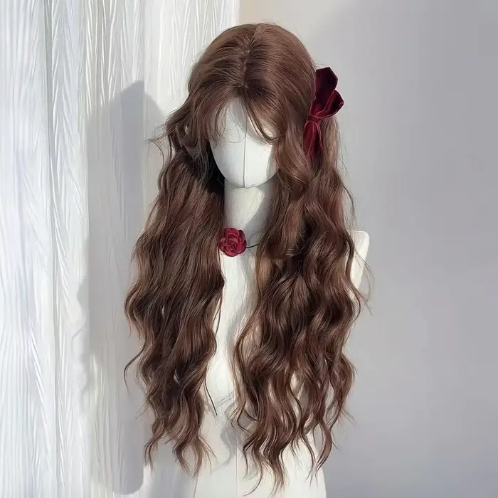 Perruque femme automne châtain marron laine rouleau paresseux tempérament longs cheveux bouclés simulation couverture complète de la tête