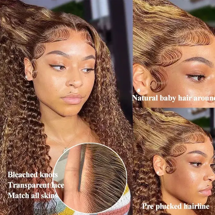 Perruque Lace Frontal Wig naturelle bouclée ombrée à reflets blonds, perruque transparente Hd ondulé