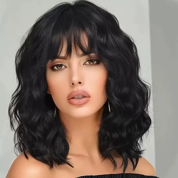 Perruque ondulée Dy3306, longueur aux épaules, avec frange, perruque naturelle tendance pour femme, 