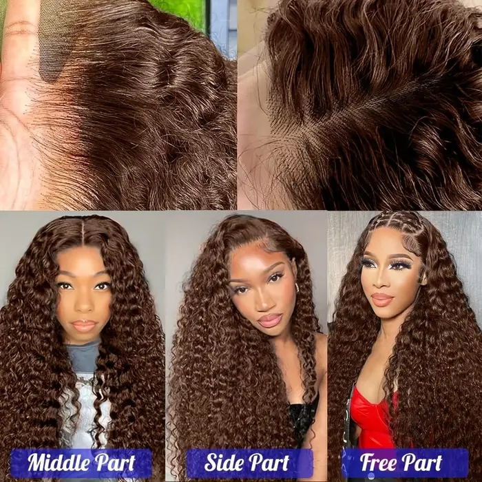 Perruque Lace Front Wig naturelle brune chocolat ondulée, cheveux humains ondulés, 13x6, densité 220