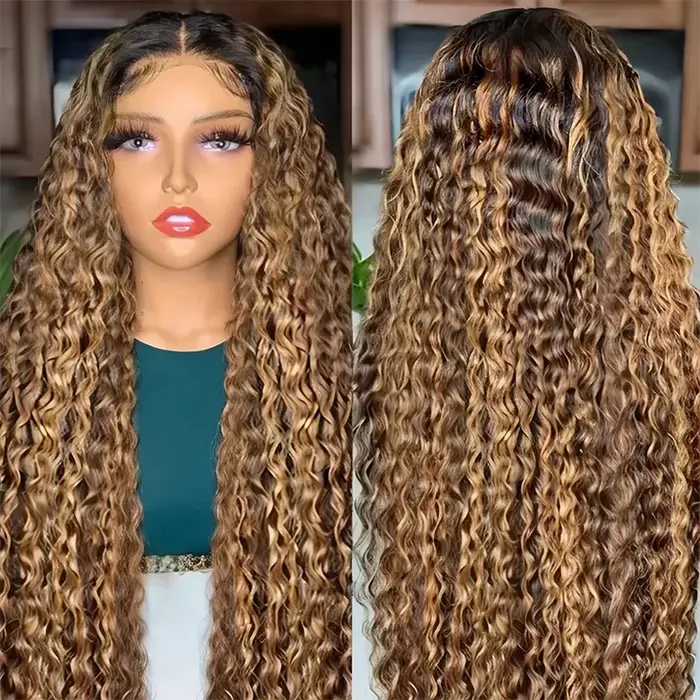 Perruque bouclée en cheveux humains blond miel, 13x4 Lace Front, Deep Wave, pré-épilée, avec dentell