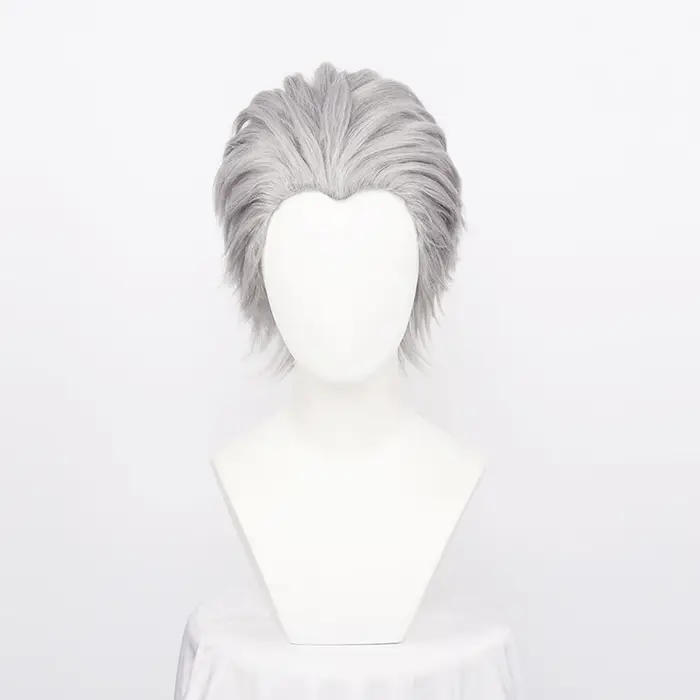Perruque de Cosplay synthétique Vergil pour hommes, cheveux courts gris argenté, lisses au dos, rési