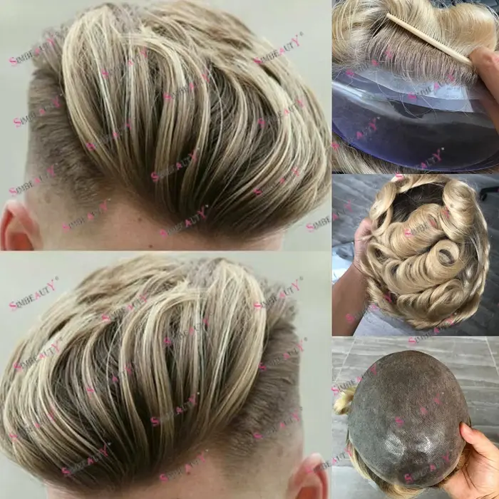 Perruque pour homme 100% cheveux humains Ombré Brun Miel, Système de prothèse capillaire, Ligne de c