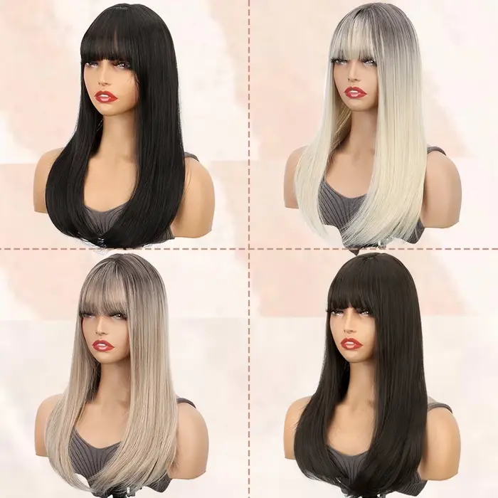 Topper pour cheveux pour femme avec frange : 3D 360 °   Morceau de cheveux synthétiques longs et lis