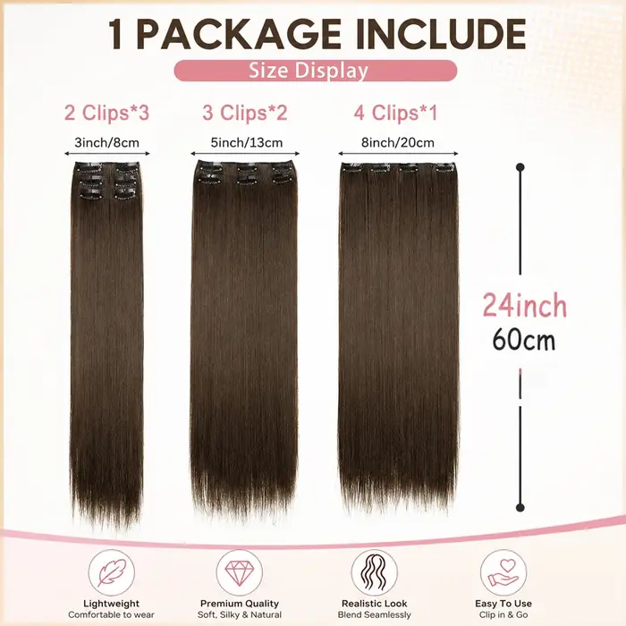 Extensions de cheveux noirs 24 pouces/60 cm