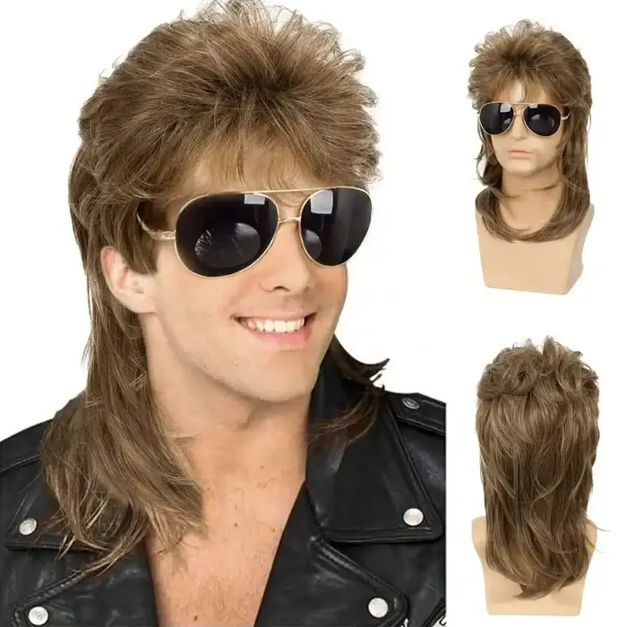 Perruques Mullet Synthétiques pour Hommes, Accessoire de Fête Fantaisie Noir pour Costumes Années 70 et 80, Perruque de Cosplay