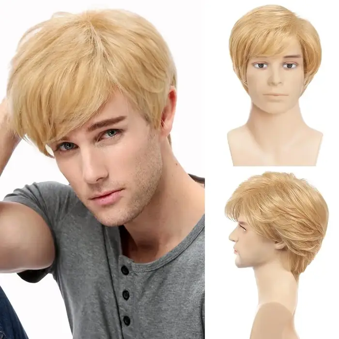 Perruque Blonde synthétique courte en couches naturelles pour hommes