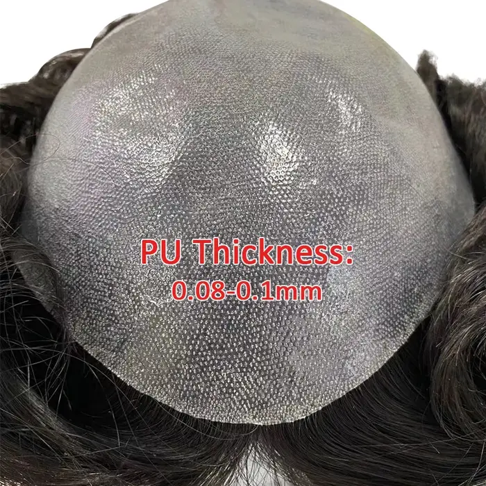 Hommes toupet avec noeuds peau mince prothèse capillaire pleine PU 0.08-0.1 cm indien perruques de cheveux humains
