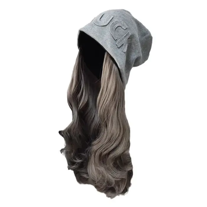 Perruque Synthétique Bouclée avec Chapeau Gris pour Femme