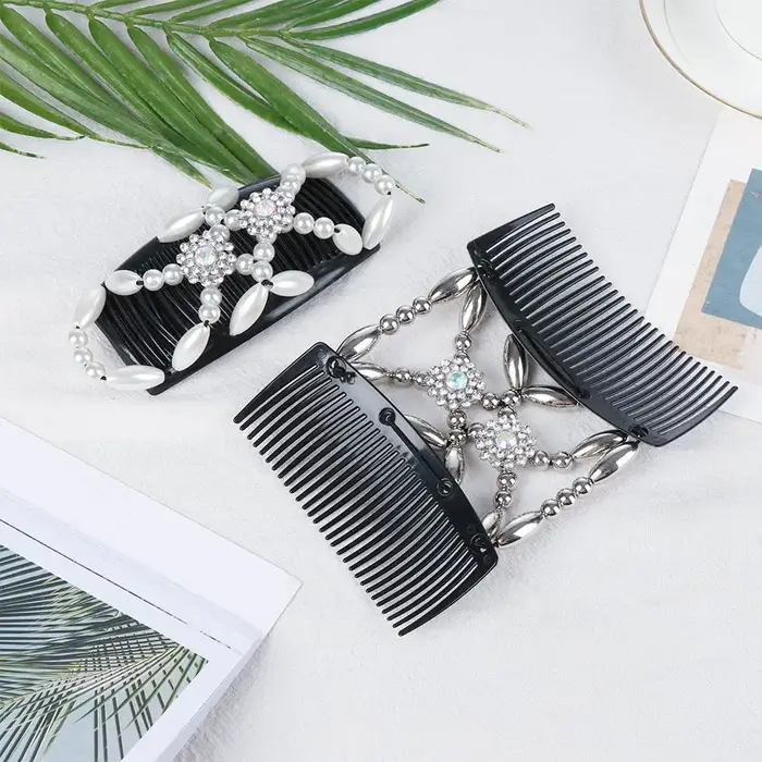 Pince à cheveux double fleur en cristal perlé pour femme