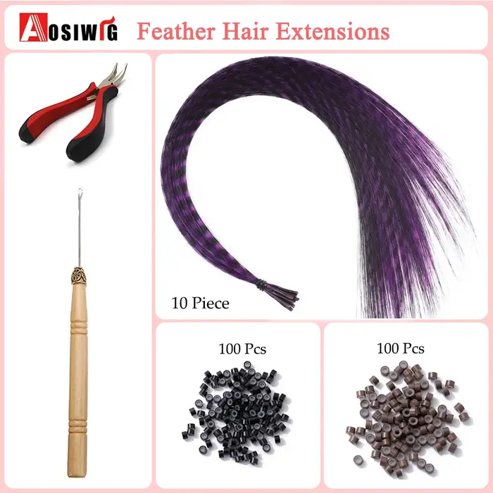 AOSISynthetic-Extensions de cheveux en plumes, faux cheveux, pointe arc-en-ciel, postiche, plume pou