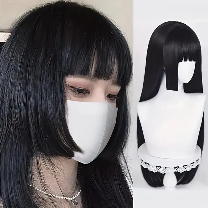 Perruque synthétique noire longue et droite naturelle avec frange, perruque de cosplay Lolita pour f