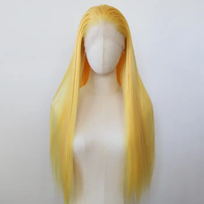 Perruque Lace Front Wig synthétique jaune, perruque synthétique longue et lisse, perruque pre-plucke