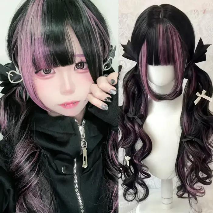 Perruque longue blonde double queue de cheval style Lolita avec frange, boucles princesse, synthétique, noire et marron, pour fille, cosplay, Halloween, Harajuku
