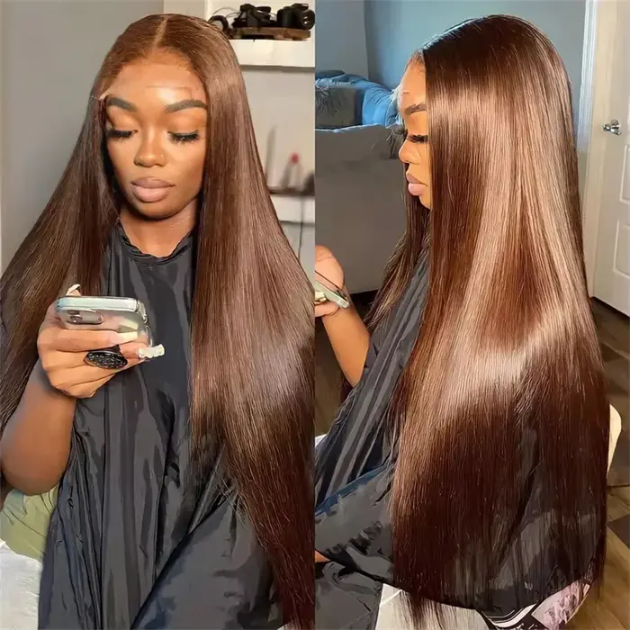 13x4 4 #   Perruques Lace Front Marron Chocolat en Cheveux Humains pour Femmes, Perruque Frontale HD
