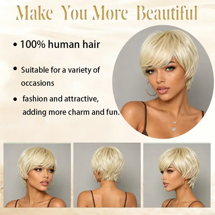 Perruques blondes en cheveux humains coupés style pixie pour femmes