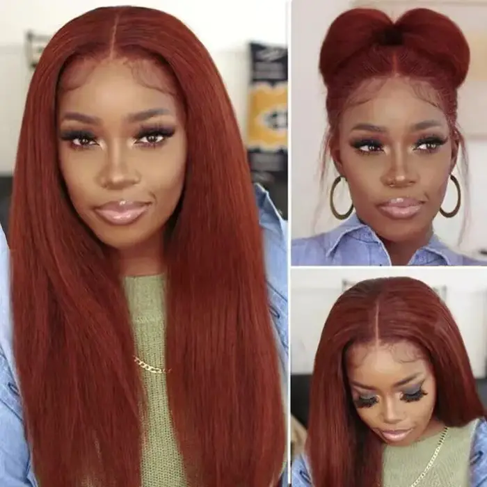 13X4 brun rougeâtre crépus droite dentelle frontale perruque cheveux humains Auburn cuivre Yaki droi