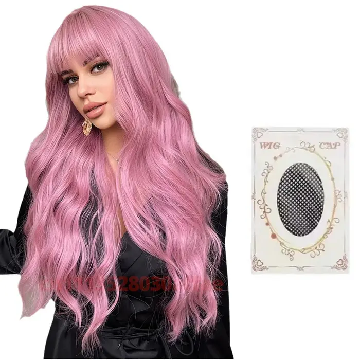Perruque synthétique longue rose bouclée ondulée tendance avec frange, perruques ondulées pour femme