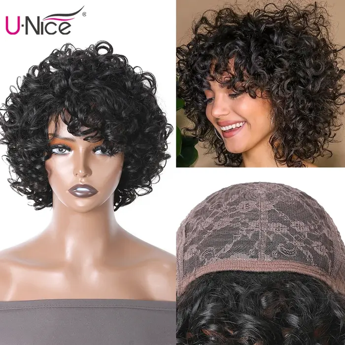 Unice Hair-Perruque brésilienne bouclée sans colle pour femme, cheveux naturels noirs, coupe pixie