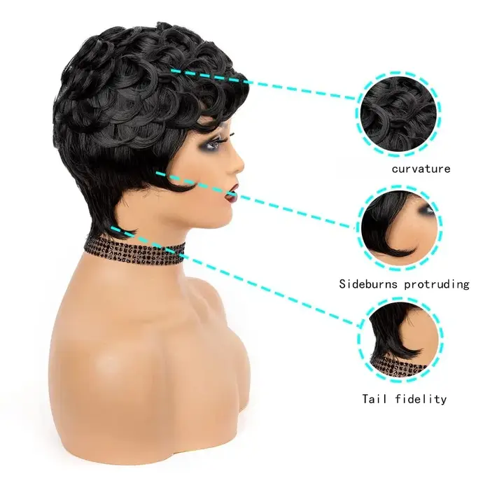 Perruque synthétique courte bouclée style Little Elf avec frange pour femme