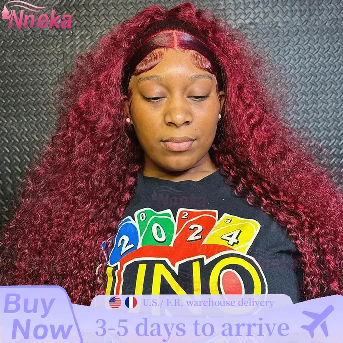 Perruque Lace Front Wig naturelle brésilienne ondulée, cheveux bouclés, bordeaux 99j, 13x6 Hd, Deep