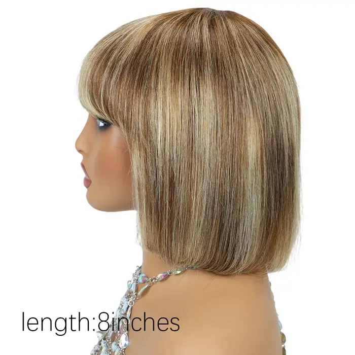 Perruque Bob droite brune pour femme avec mèches blondes, réaliste, superposée, douce et soyeuse, longueur moyenne, fabriquée à la machine