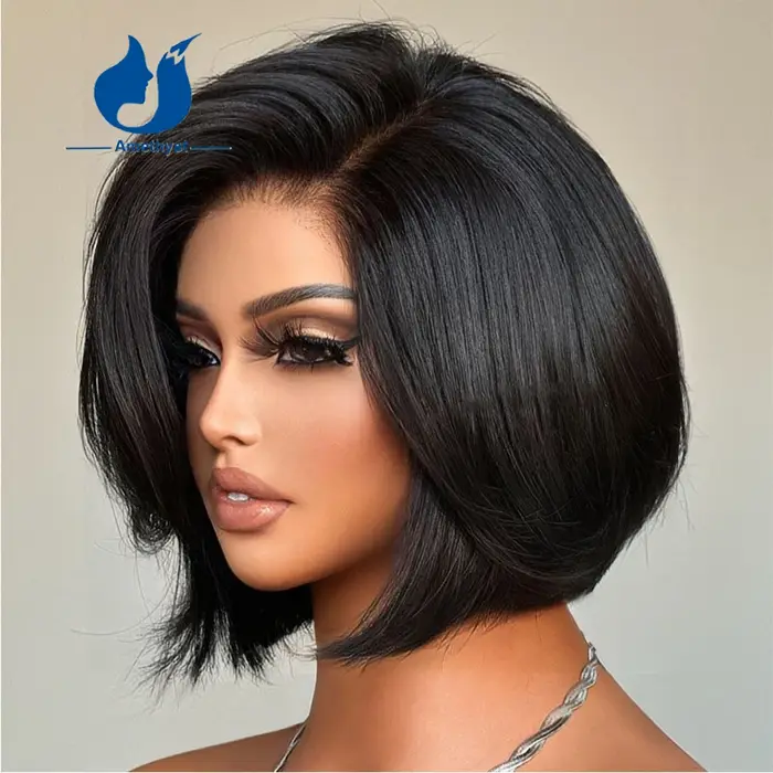 ALANDING YST − Perruque naturelle courte, avec bonnet en dentelle, cheveux lisses, 13x6, coupe pixie