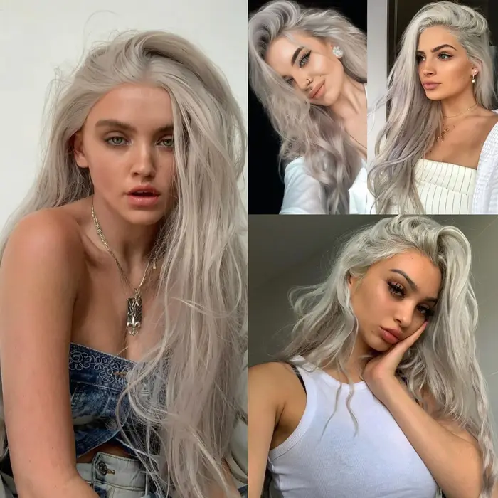 Perruque synthétique longue ondulée Blonde cendrée avec raie centrale