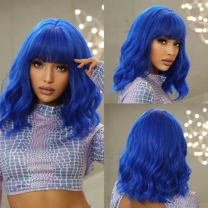 Perruque Bob Synthétique Naturelle Courte Ondulée avec Frange pour Femme, Marron Foncé, Utilisation