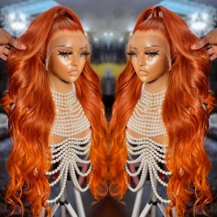 Perruque Lace Front HD 13x6 en Cheveux Humains, Ondulation Body Wave, Couleur Gingembre Orange, Dens