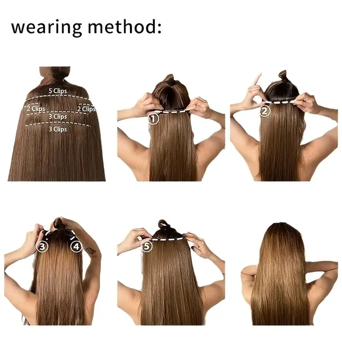 6 extensions de cheveux lisses à clipser pour femmes - Postiche synthétique résistant à la chaleur avec effet naturel