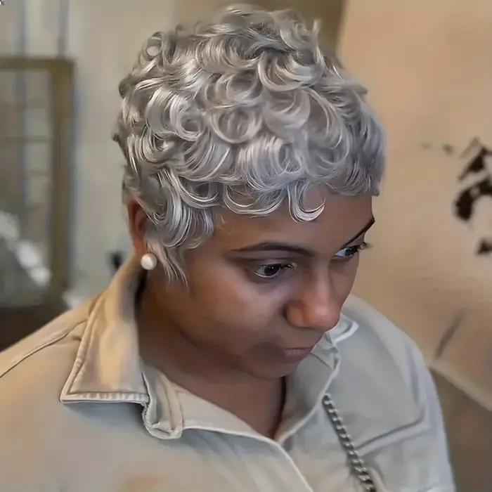 Perruque de cheveux humains gris Pixie entièrement fabriquée à la machine