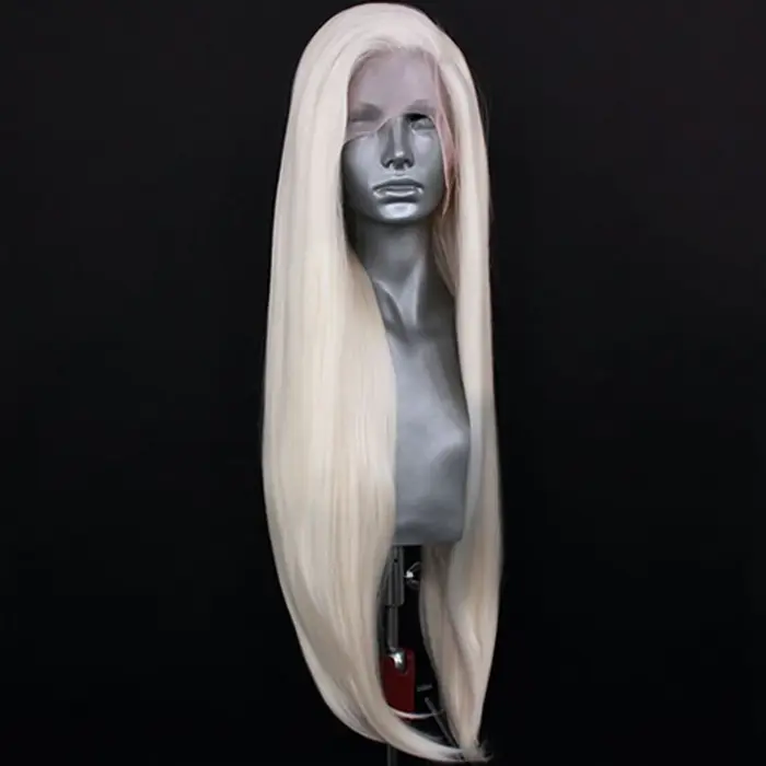 Perruque Lace Front Wig synthétique ondulée naturelle Blonde platine, cheveux synthétiques longs ond