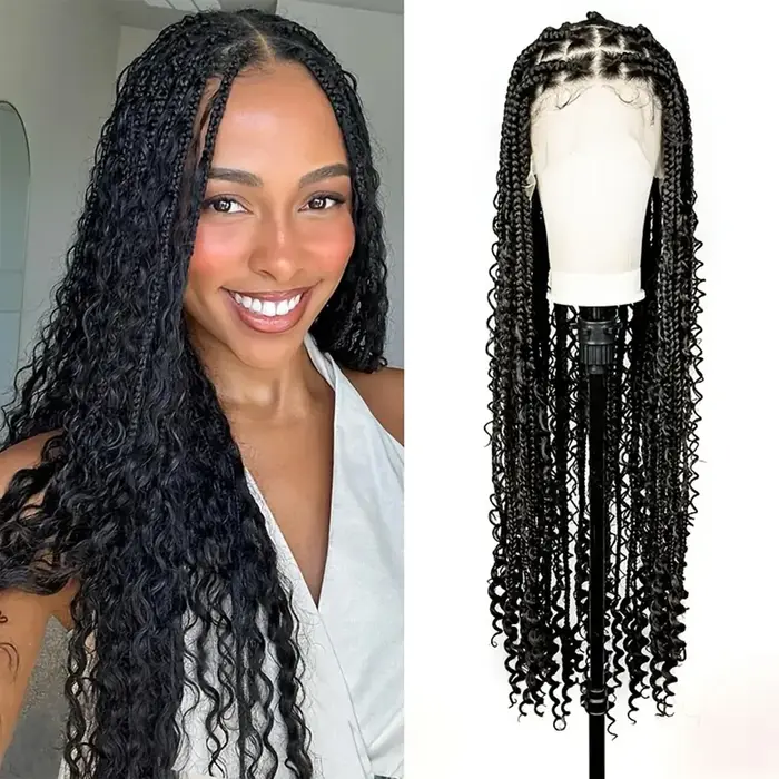 Perruque synthétique tressée sans nœuds de 32 pouces, style bohème, avec extrémités bouclées, double