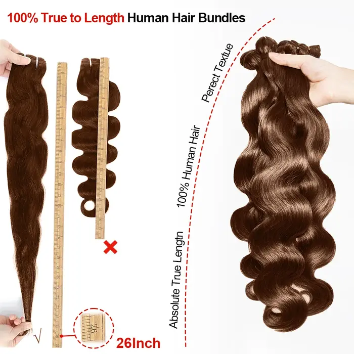 Tissage en lot brésilien 100% naturel Body Wave, couleur chocolat, brun miel, non traité, lots de 1/