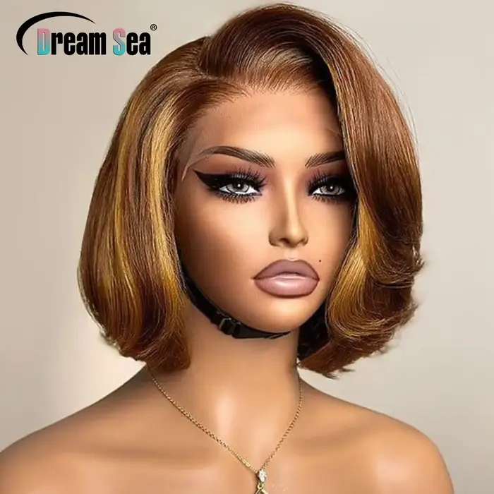 Perruque Bob Lace Frontal Wig brésilienne Remy, cheveux courts à reflets blonds, densité 200, partie