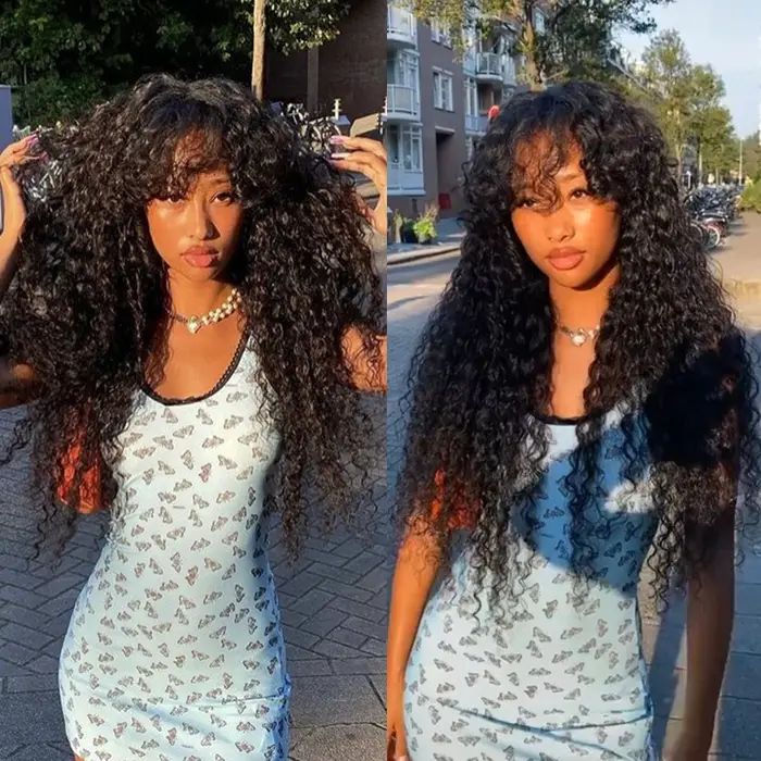 Perruque brésilienne bouclée en cheveux humains avec frange, prête à porter, sans colle, fabriquée à