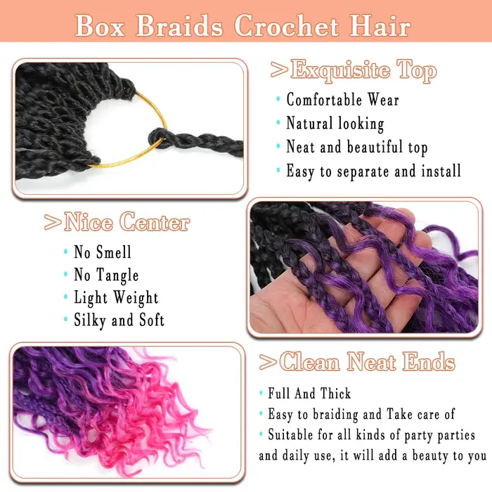 Extensions de tresses bohémiennes longues de 18 pouces, tresses de boîte de déesse, cheveux au crochet, cheveux synthétiques noirs, violets et roses, tresses hippies bohèmes