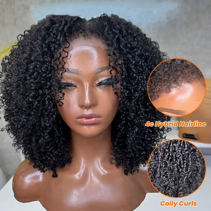 Wear And Go perruque sans colle avec ligne de cheveux ventilée 7x5 HD dentelle fermeture perruques crépus bouclés court