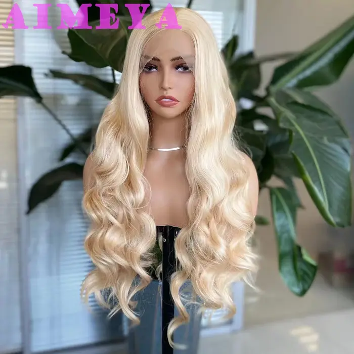 AIMEYA Perruque Blonde Longue Ondulée Lace Front Synthétique pour Femme et Fille