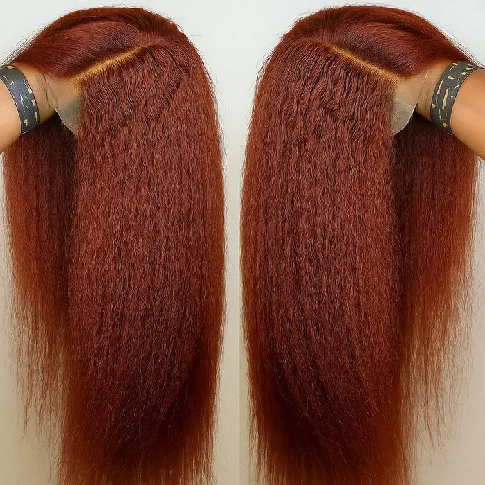 13X4 brun rougeâtre crépus droite dentelle frontale perruque cheveux humains Auburn cuivre Yaki droi