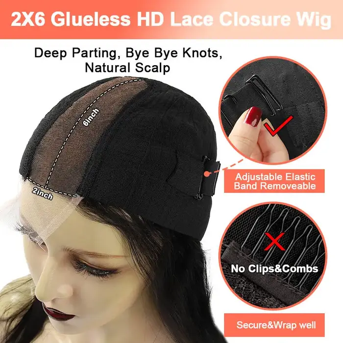 Sans colle 2x6 HD dentelle fermeture perruques droite raie profonde 100% cheveux humains HD Transpar
