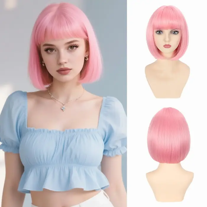 Perruque synthétique rose style bob pour Halloween