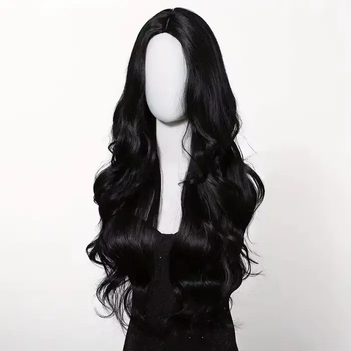 Perruque synthétique noire avec coiffure longue ondulée séparée pour fête, cosplay d'Halloween, usag