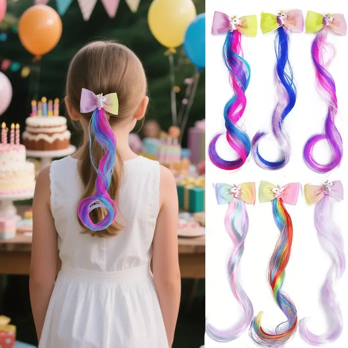 Extensions de cheveux bouclés à clips, postiches de couleur arc-en-ciel avec nœuds crocodile mignons pour filles, idéal pour cadeaux, vacances, 6 pièces