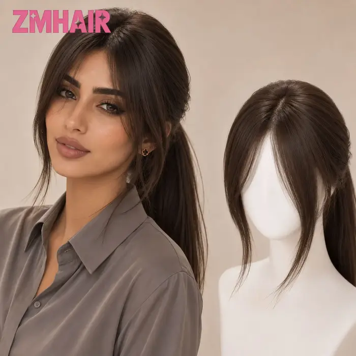 Perruque en cheveux humains vierges européens 6x6 pouces avec base en soie et frange aérienne pour femmes