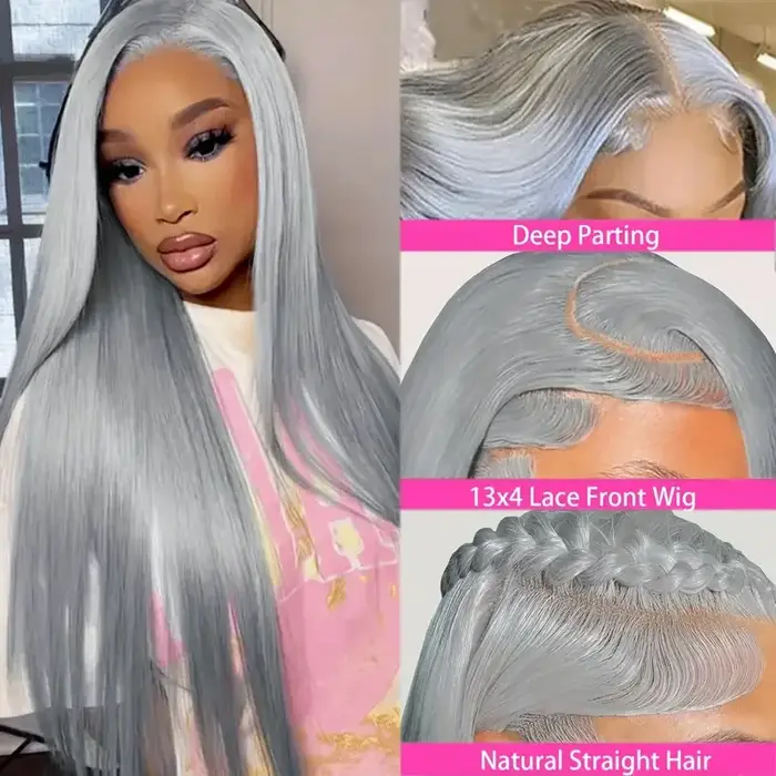 Perruque de couleur gris argenté 13x6 os droit dentelle avant perruque de cheveux humains brésilien 