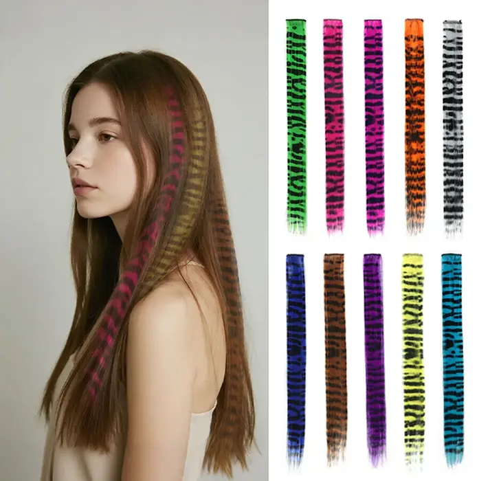 Extension de cheveux raides à imprimé léopard – Postiche à l'arrage multicolore avec clip sécurisé pour la mode des filles et le style quotidien