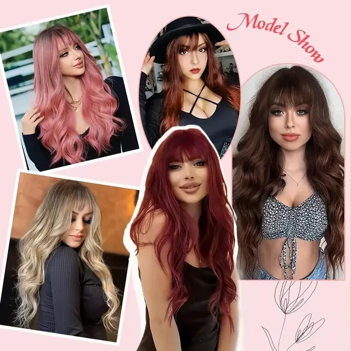 Perruque synthétique couleur vin rouge avec cheveux longs bouclés et frange pour un usage quotidien